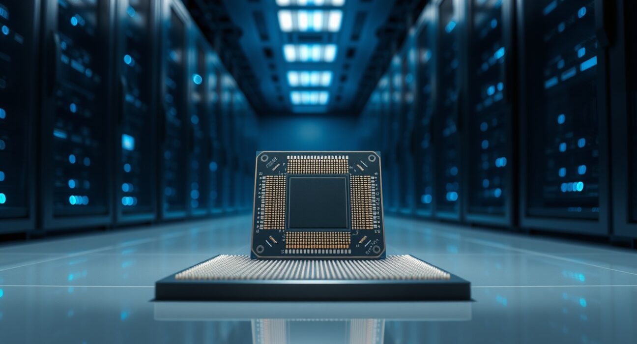 A large AI chip wafer in a modern data center, representing Cerebras Systems and its stock token listing on MSX.