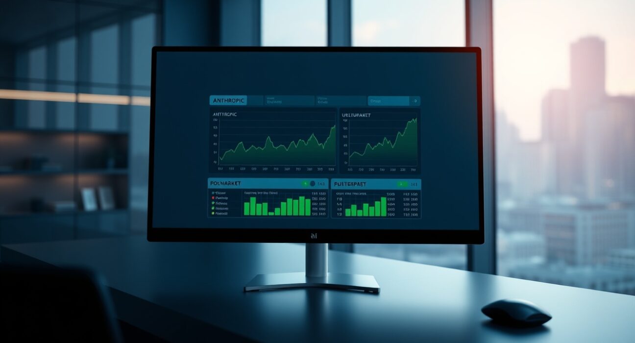 Trading desk monitor showing Anthropic and Polymarket stock charts with upward trends in a professional office setting