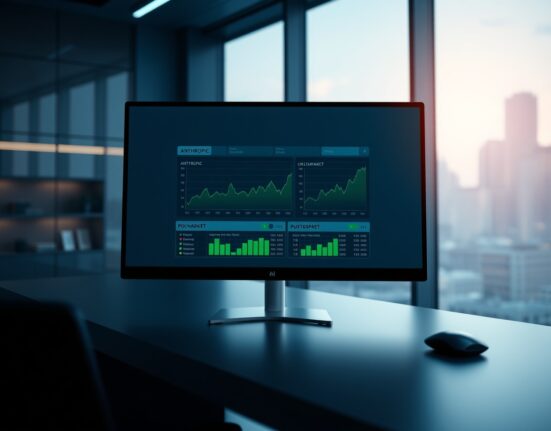 Trading desk monitor showing Anthropic and Polymarket stock charts with upward trends in a professional office setting