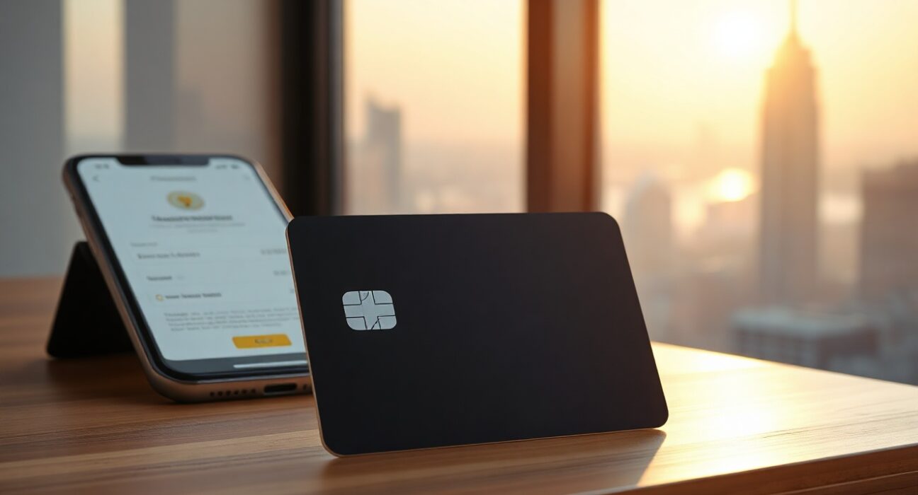 MSX X Card crypto payment card on a desk with a smartphone and blurred city background