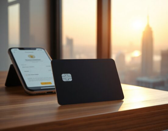 MSX X Card crypto payment card on a desk with a smartphone and blurred city background