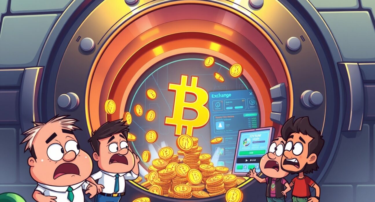 Mt Gox Bitcoin deposit flowing from vault to cryptocurrency exchange in vibrant cartoon illustration