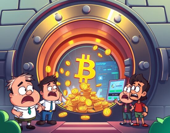 Mt Gox Bitcoin deposit flowing from vault to cryptocurrency exchange in vibrant cartoon illustration