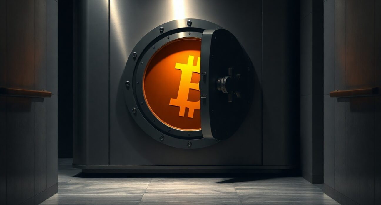 Dimly lit bank vault with orange Bitcoin glow emanating from inside, representing Mt. Gox Bitcoin transfer