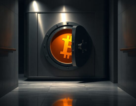Dimly lit bank vault with orange Bitcoin glow emanating from inside, representing Mt. Gox Bitcoin transfer
