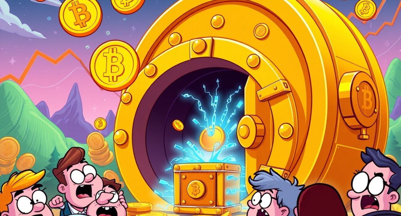 Massive Mt Gox BTC transfer depicted as golden Bitcoin vault moving to secure storage
