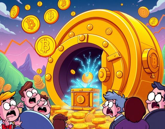 Massive Mt Gox BTC transfer depicted as golden Bitcoin vault moving to secure storage