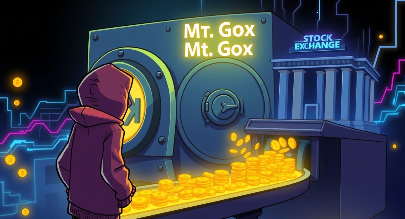 A shadowy Mt. Gox hacker moving digital Bitcoin from a vault to an exchange in a cartoon illustration.