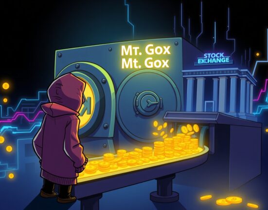 A shadowy Mt. Gox hacker moving digital Bitcoin from a vault to an exchange in a cartoon illustration.