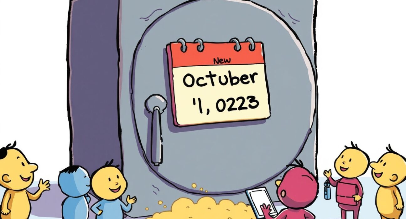 A cartoon illustration showing a new Mt. Gox repayment deadline on a calendar, offering hope to creditors.