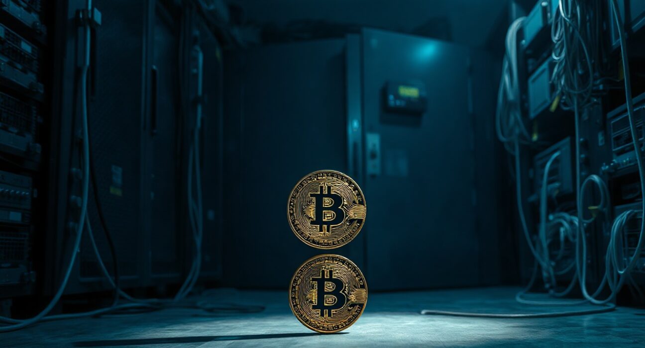 Bitcoin coin in a dimly lit vault representing Mt. Gox's test transfer to Bitstamp.