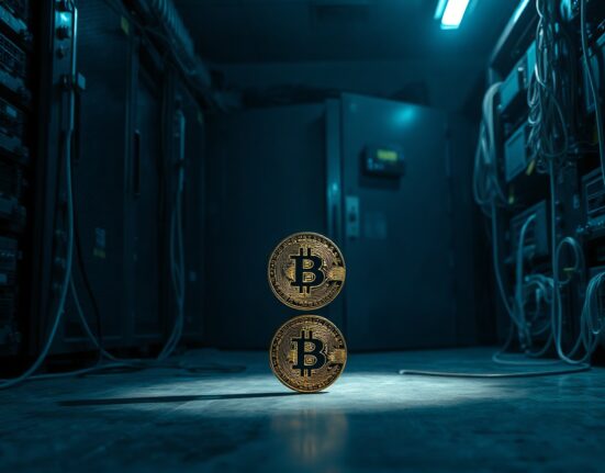Bitcoin coin in a dimly lit vault representing Mt. Gox's test transfer to Bitstamp.