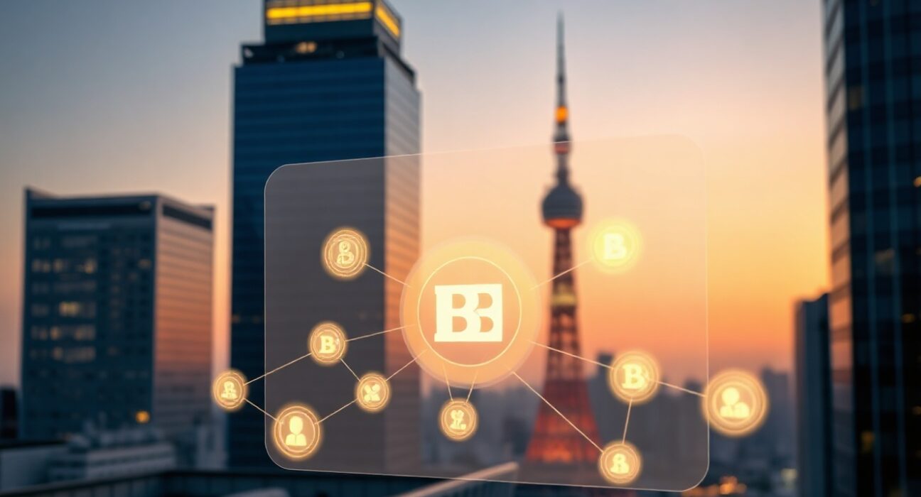 Blockchain network overlay on Tokyo financial district skyline representing MUFG's digital bond settlement pilot