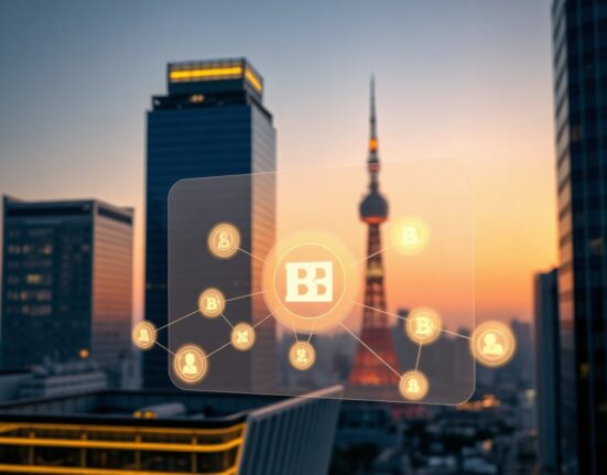 Blockchain network overlay on Tokyo financial district skyline representing MUFG's digital bond settlement pilot