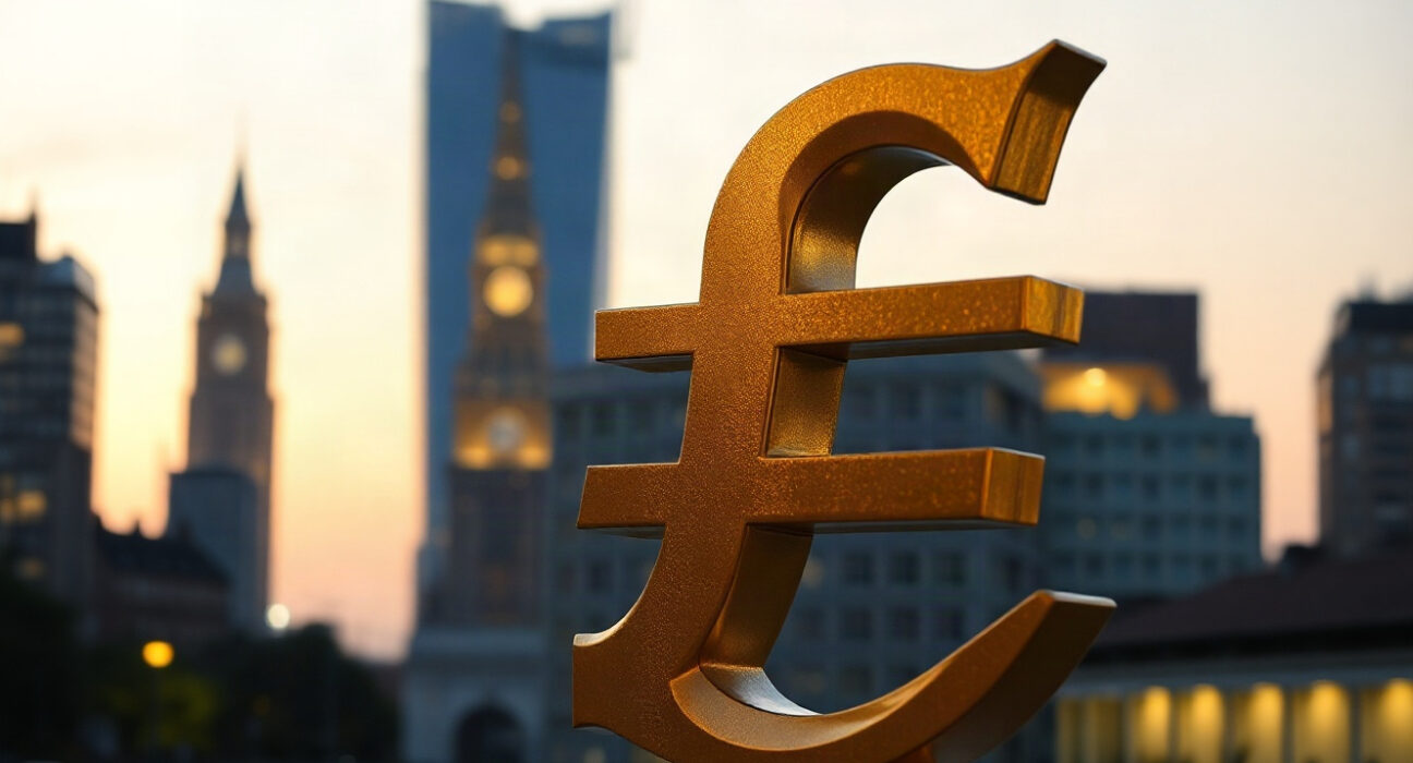British pound symbol in focus with financial district skyline in background
