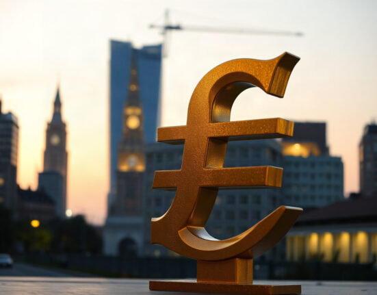 British pound symbol in focus with financial district skyline in background