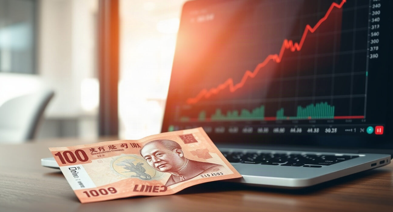 Chinese yuan banknote and laptop with financial chart in an office setting