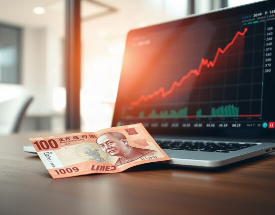 Chinese yuan banknote and laptop with financial chart in an office setting