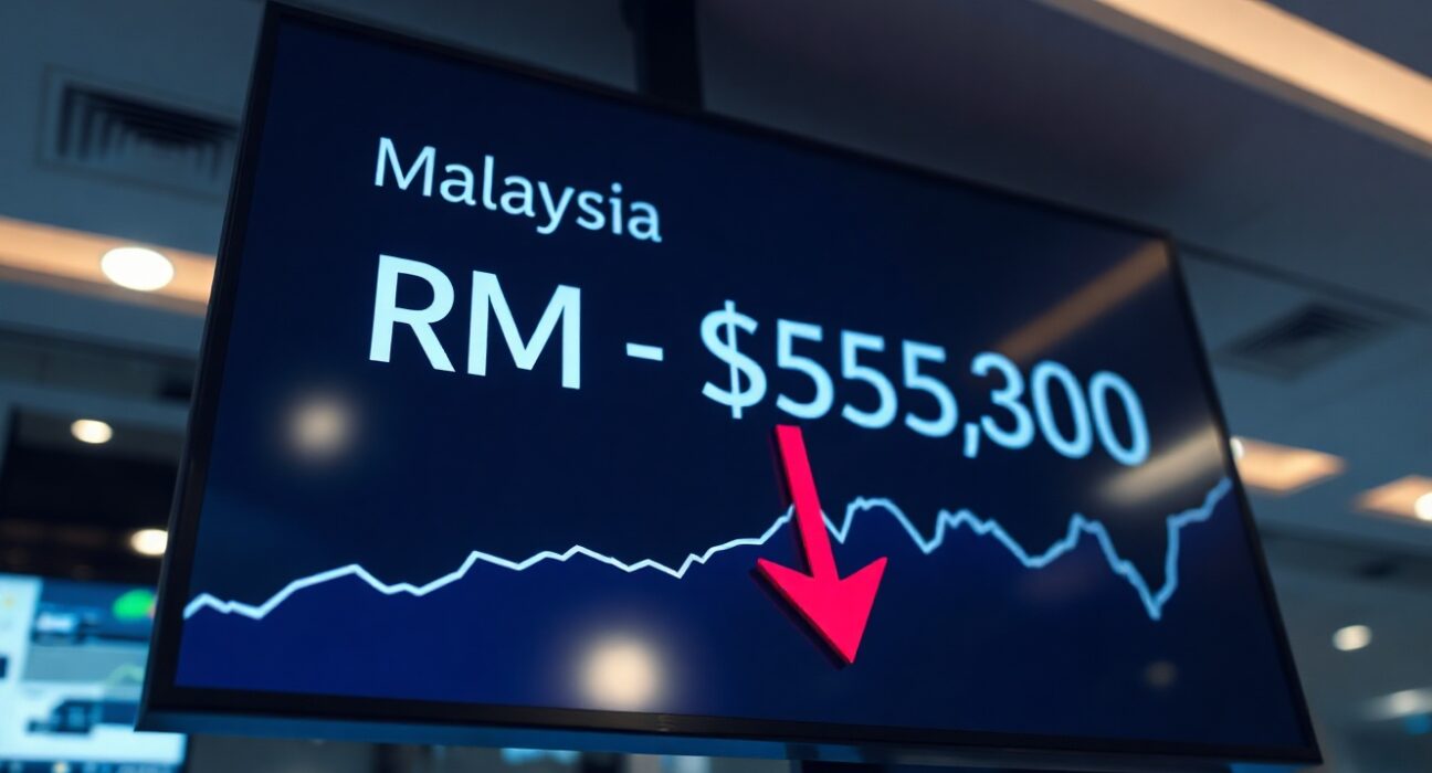 Digital screen showing Malaysian Ringgit and US Dollar exchange rate with bearish trend indicator