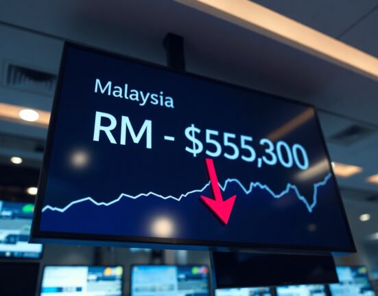 Digital screen showing Malaysian Ringgit and US Dollar exchange rate with bearish trend indicator