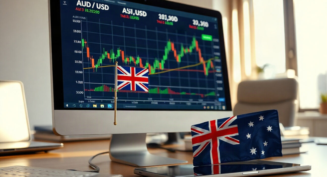 AUD/USD charts on a monitor with Australian flag on a desk