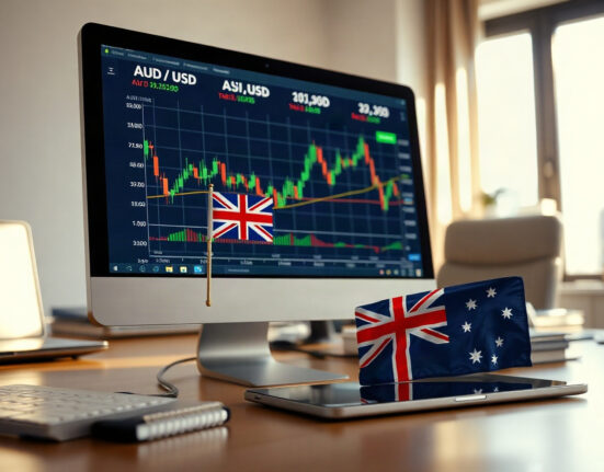 AUD/USD charts on a monitor with Australian flag on a desk