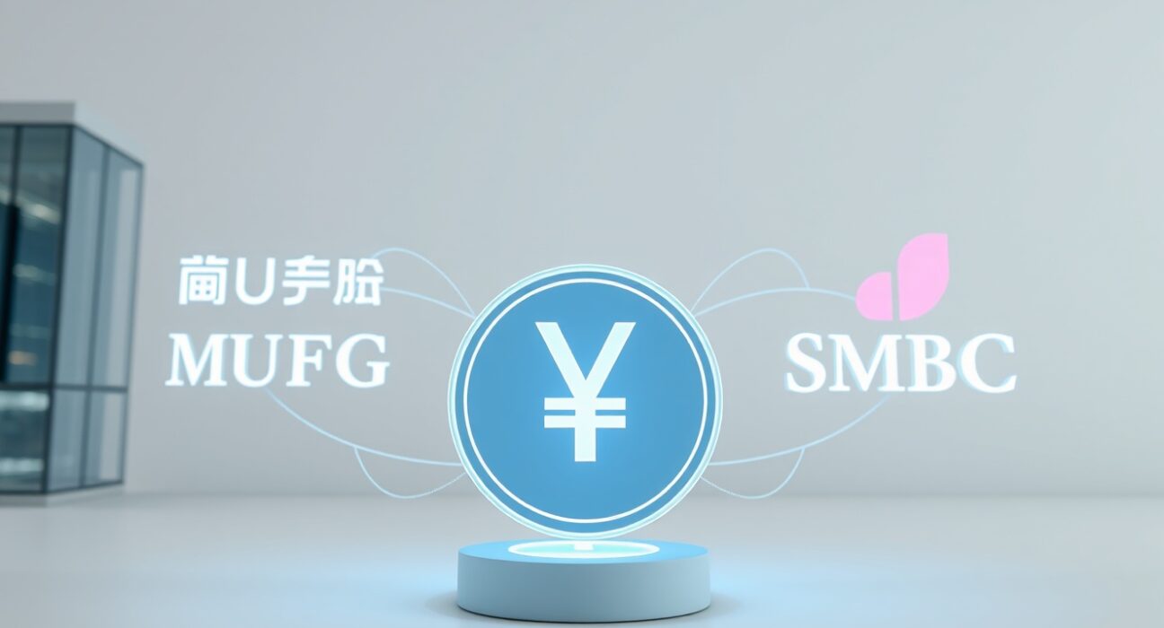 MUFG, Mizuho, and SMBC bank logos collaborating on a digital stablecoin proof-of-concept in Japan's financial sector.