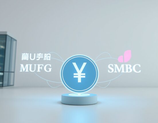MUFG, Mizuho, and SMBC bank logos collaborating on a digital stablecoin proof-of-concept in Japan's financial sector.