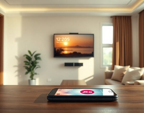 Jio TeleFrame smart display and smartphone in a modern Indian home, showcasing Reliance AI services