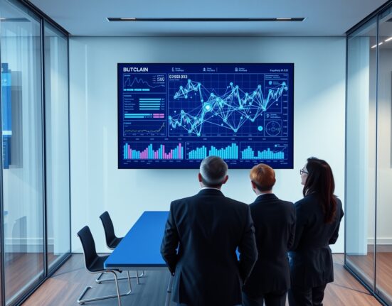 Multi Investment team reviewing blockchain and fintech investment charts in a modern Zurich office.