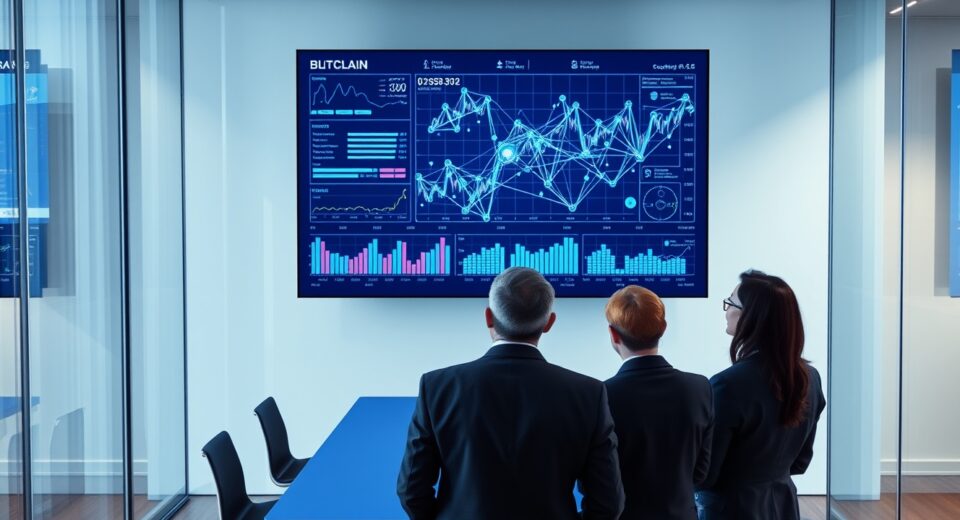 Multi Investment team reviewing blockchain and fintech investment charts in a modern Zurich office.