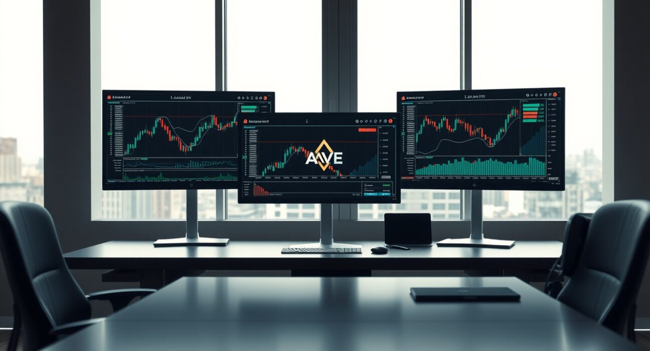 Professional investment desk with monitors showing cryptocurrency charts and AAVE logo.