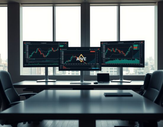 Professional investment desk with monitors showing cryptocurrency charts and AAVE logo.