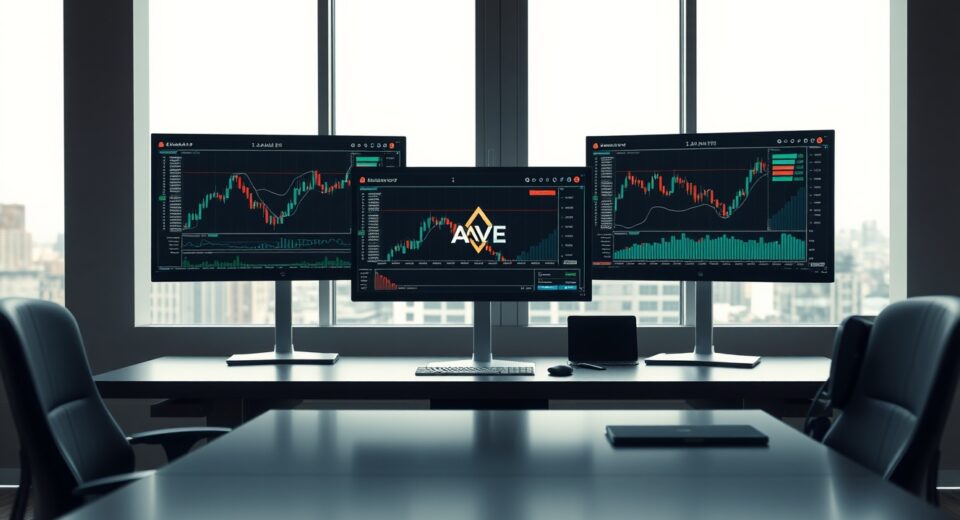 Professional investment desk with monitors showing cryptocurrency charts and AAVE logo.