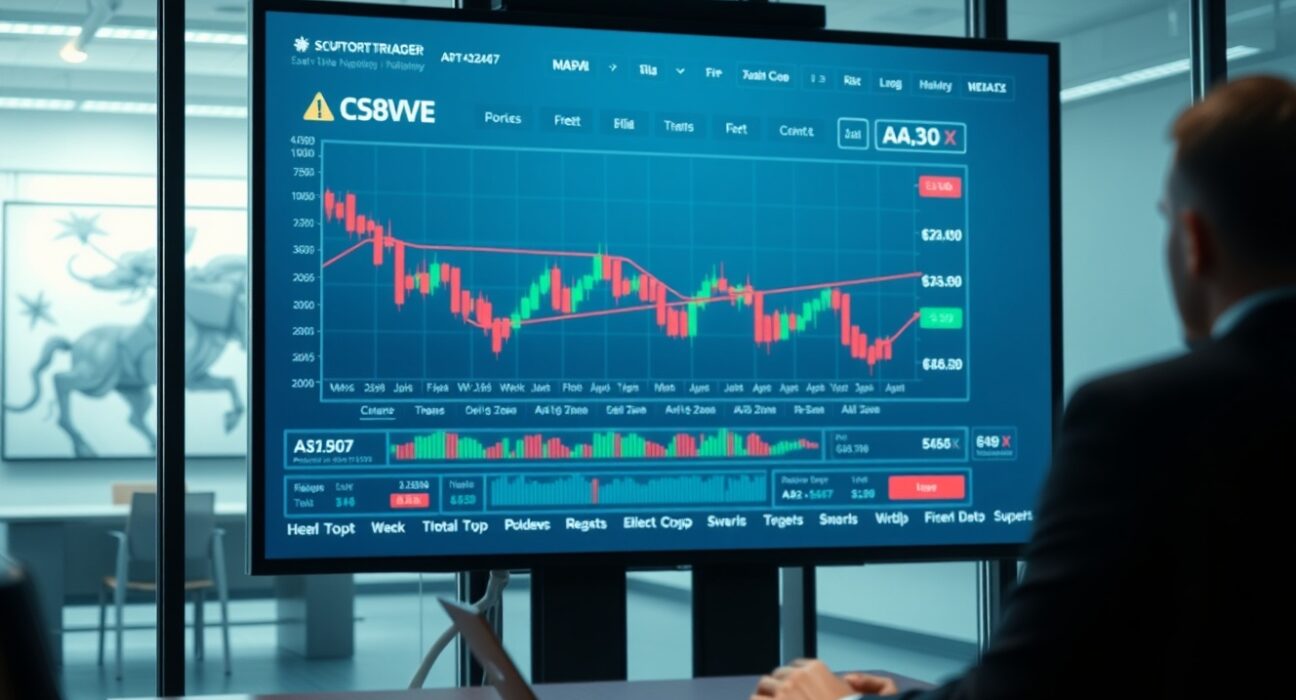 Professional investor monitoring AAVE price chart on a large digital display in a modern office.