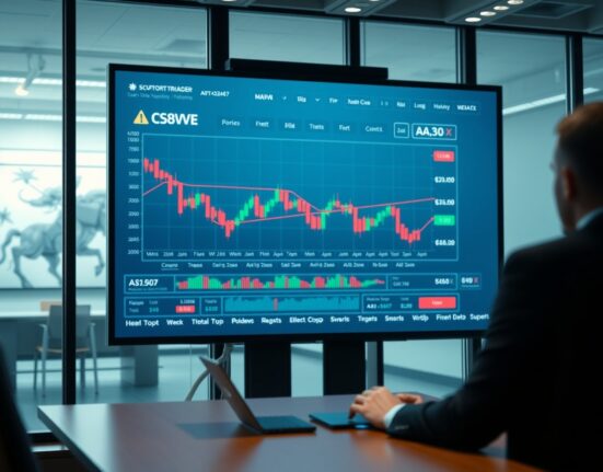 Professional investor monitoring AAVE price chart on a large digital display in a modern office.