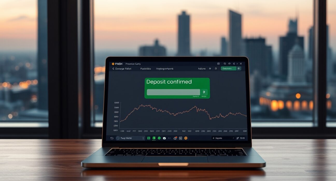 Laptop displaying a cryptocurrency exchange deposit confirmation on a desk with a city skyline at dusk.