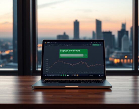 Laptop displaying a cryptocurrency exchange deposit confirmation on a desk with a city skyline at dusk.