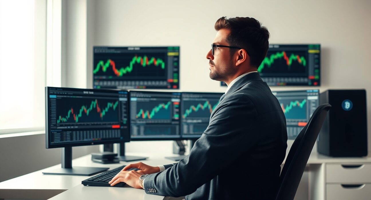 Multicoin Capital co-founder Tushar Jain analyzing crypto market charts on multiple monitors