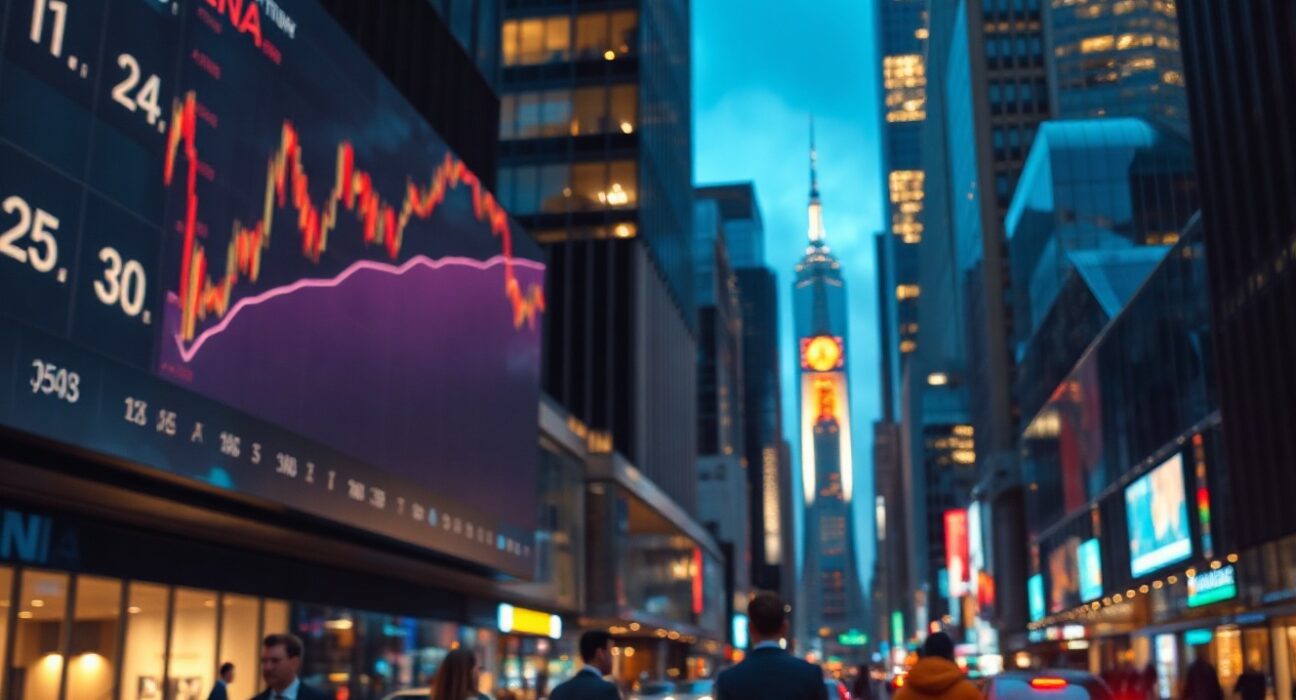 Digital display showing ENA cryptocurrency chart over a modern city skyline at dusk.