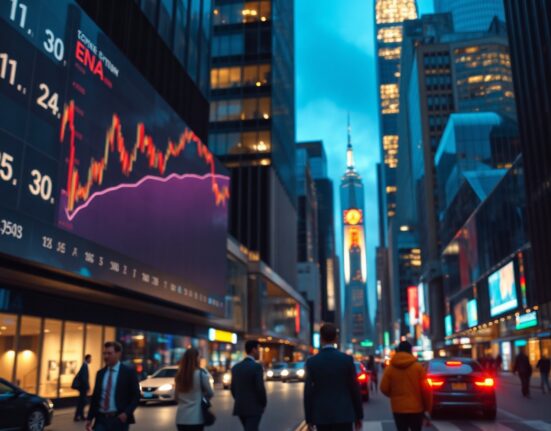 Digital display showing ENA cryptocurrency chart over a modern city skyline at dusk.