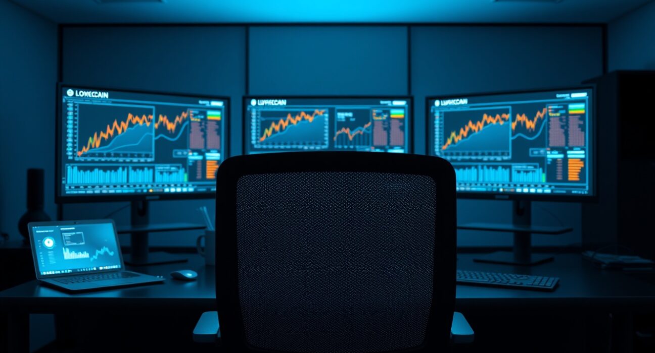 Analyst workspace with monitors showing crypto charts and blockchain data