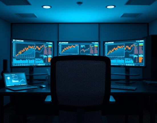 Analyst workspace with monitors showing crypto charts and blockchain data