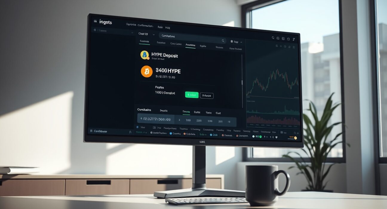 Digital screen showing a large HYPE deposit transaction to Coinbase in a modern office setting