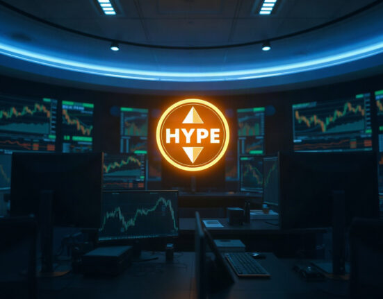 Digital HYPE token icon on a trading desk with charts, symbolizing large exchange deposit.