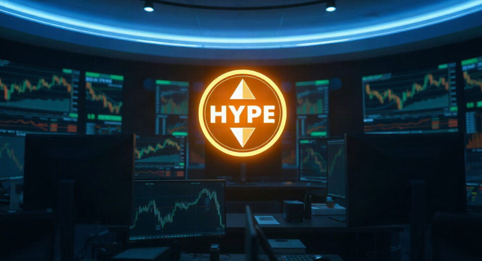 Digital HYPE token icon on a trading desk with charts, symbolizing large exchange deposit.