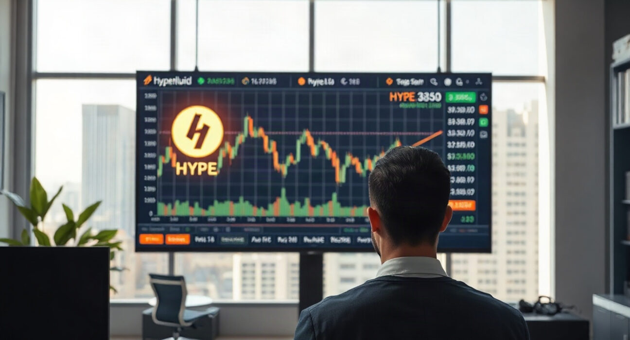 Cryptocurrency price charts on a screen in a trading office, with HYPE token highlighted