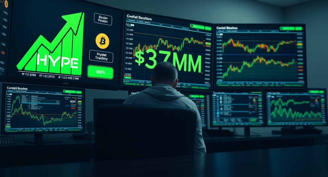 Trading desk monitors showing HYPE token price and $37 million transaction data in a dimly lit room