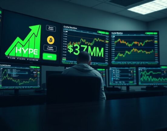 Trading desk monitors showing HYPE token price and $37 million transaction data in a dimly lit room