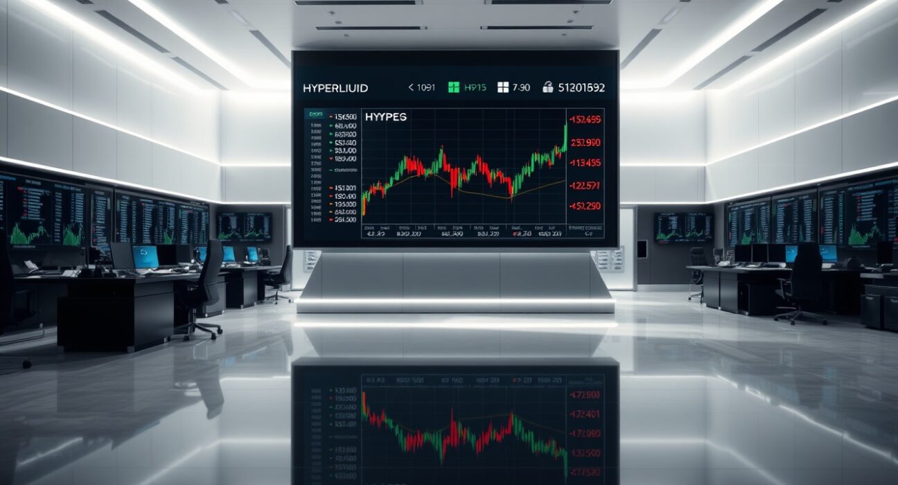 Digital trading screens showing Hyperliquid (HYPE) price charts and financial data in a modern newsroom setting.